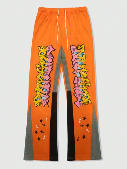 Street Life بناطيل رياضية رجالية ذات سيقان جرس مرقعة، بطراز الشوارع المركبة