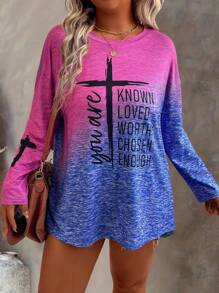 Plus Size Ronde Hals Lange Mouw Ombre Letter Print T-shirt, Casual Dagelijkse Kleding Grafische T-shirts Dames Tops Voor Lente Outfit