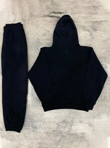 Manfinity Roghcode 2 件装男士字母印花连帽运动衫和前抽绳裤休闲套装 - 黑色 - 查看 2