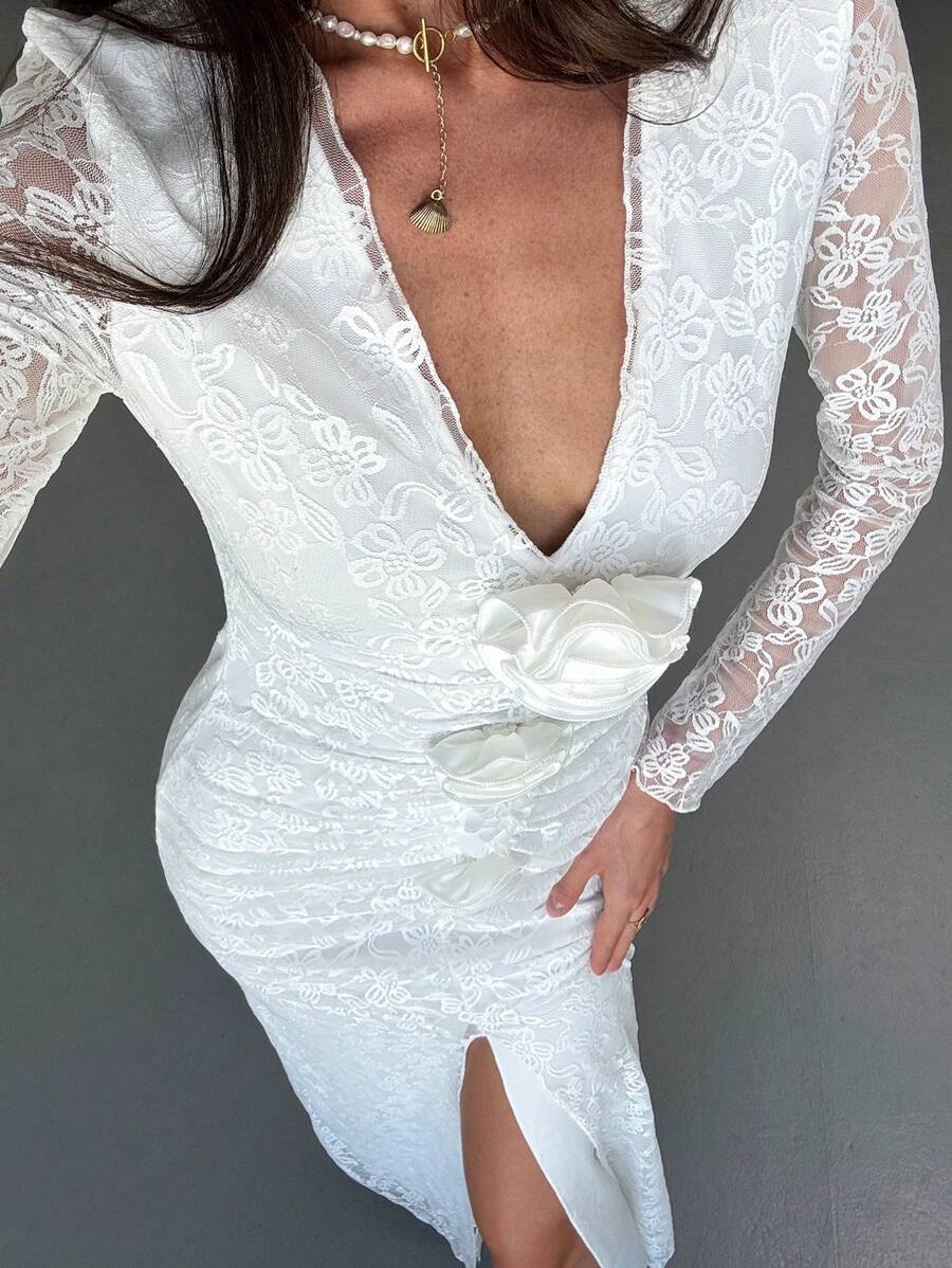 Aloruh New Arrival White Lace Sexy Deep V Floral 3D Decor Long Sleeve Elegant Cocktail Party Dress - White - View 1