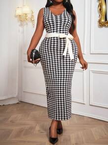 SHEIN Lady Lange elegant-lässige Kleider mit Gürtel in Schwarz oder Weiß, Zierknöpfe, Wollmischung, ärmellos, für Herbst und Winter, Große Größen, Abendkleid, kariertes Kleid