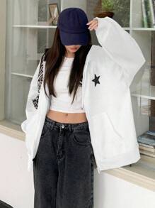 DAZY Women's Autumn/Winter Pentagram Print Zip-Front Drawstring Hooded Casual Sweatshirt - White - View 2