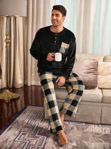 CoupledUp 男士毛绒拼色格子口袋半扣长袖睡衣套装，秋冬