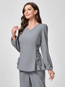 TaskEZ V 领灯笼袖侧系带制服手术服上衣 - 灰色 - 查看 6