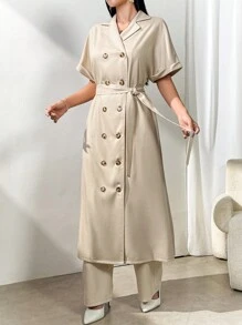 Modelyn 2pcs Women's Front Button Short Sleeve Casual Top & Pants Set Perfect For Business/Work/Cocktail Party/Wedding/Daily/Graduation Women Two-Piece Outfits 2 Pieces Set