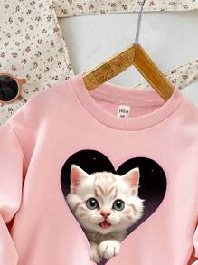 SHEIN Heart Cat Print, Young Girls Casual Daily Cozy Knitted Long Sleeve Sweatshirt, Suitable For Autumn Winter - Pink - View 5