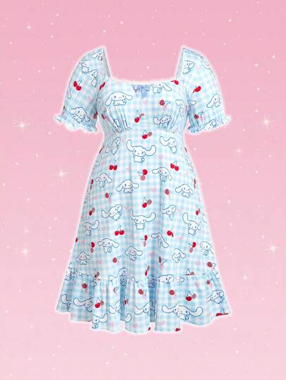 HELLO KITTY AND FRIENDS | SHEIN Plus Size Fashion Sweet Contrast Lace Plaid Cherry & Cartoon Print Square Neck Puff Sleeve Nightgown