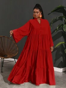 Slaydiva Plus Size Loose A-Line Shirt Dress, Casual Holiday Wear For Women - Red - View 3