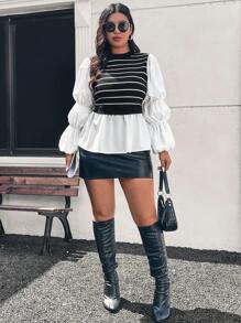 SHEIN Frenchy Plus Size Women Spring/Summer Patchwork Striped Long Sleeve Ruffle Hem Casual Blouse,Bridgerton Style - Black and White - View 5