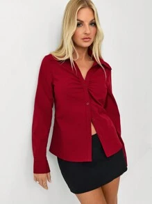 Lunelith SHEIN Lunessa 1 pieza Blusa de oficina/para ir al trabajo ajustada con cuello en V y drapeado en rojo para mujer, camisa de invierno/otoño navideña para mujeres