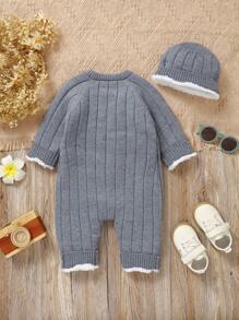 SHEIN Newborn Baby Front Button Fuzzy Spliced Long Sleeve Minimalist Sweater Jumpsuit