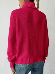 EURMUSE Women's Solid Color High Neck Long Sleeve Simple Sweater, Casual Daily Wear - Hot Pink - View 2