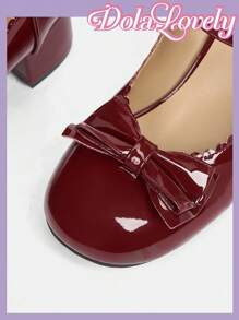 Dola Lovely 女士优雅蝴蝶结装饰时尚日常约会夜高跟鞋秋季勃艮第高跟鞋新年假期 - 酒紅色 - 查看 4