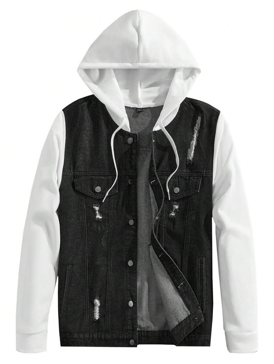 Lornexis Men's Casual Color Block Denim Patchwork Hooded Jacket, For Vacation - Black and White - View 1