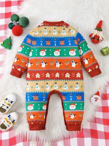 男婴秋冬圣诞节假期姜饼人、企鹅、圣诞老人全身印花连体衣，带灵活的裆部和肩部开口，家居服、派对装、圣诞宝宝。高品质选择 - 彩色 - 查看 2