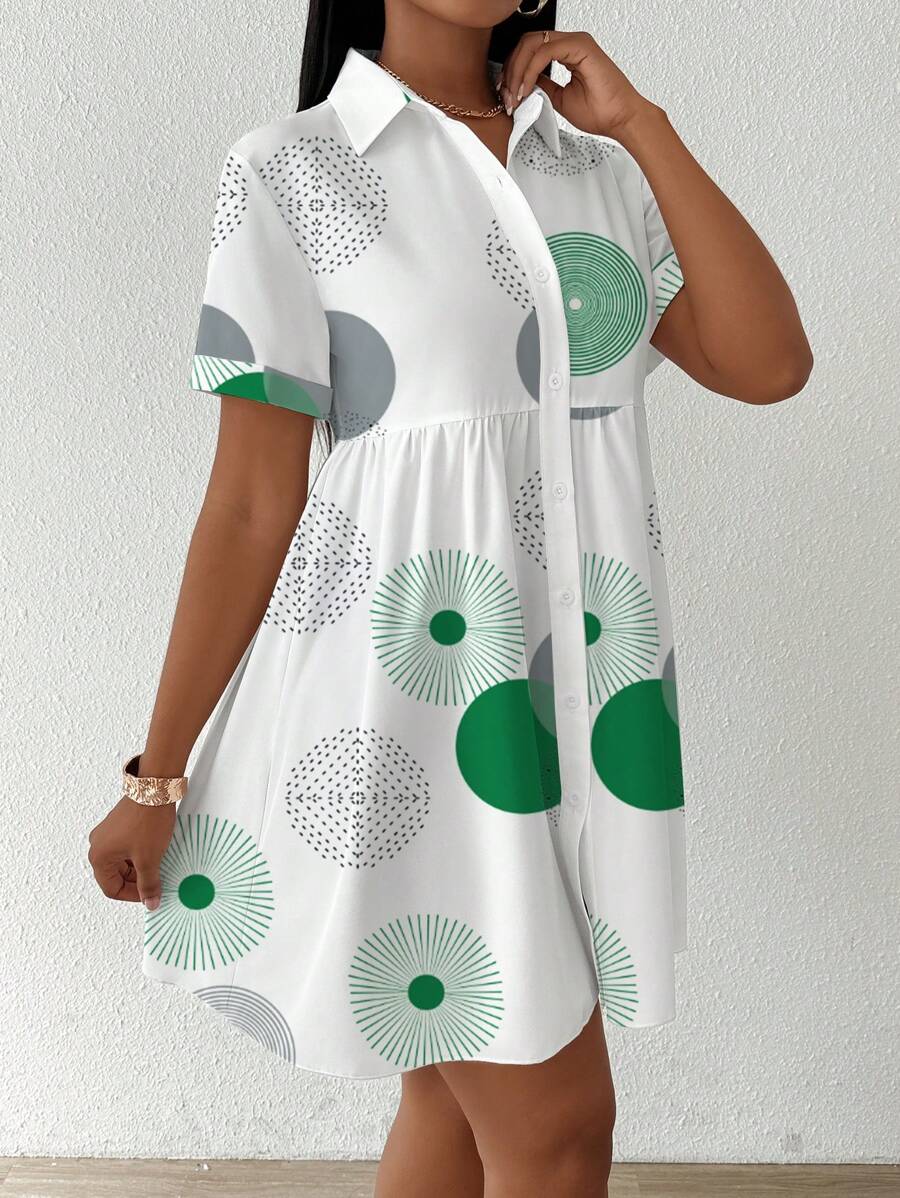 VaVaBold 全印花纽扣领短袖休闲衬衫 - 綠色 - 查看 1