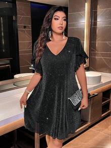 大码 V 领宽松闪亮女士连衣裙，高端优雅风格 - 黑色 - 查看 7