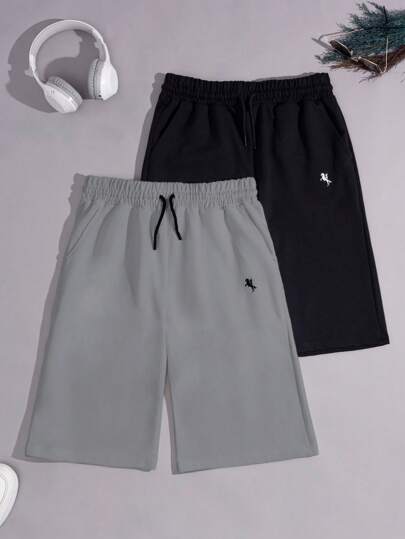 SHEIN Cottnline Conjunto de shorts casuais masculinos de algodão com 2 peças, simples, bordado, com cordão na cintura, para corrida