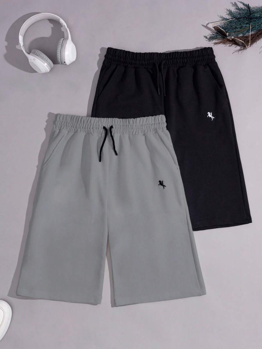 SHEIN Cottnline Cotton 2pcs Men's Simple Embroidered Horse Drawstring Waist Casual Shorts Set - Grey - View 1