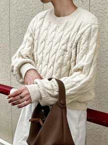 FRIFUL Suéter casual de punto de cable con letras bordadas de manga larga para mujer, otoño e invierno