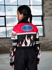 SHEIN Tween Girl Fashionable Street Style Long Sleeve Cropped Motorcycle Jacket, Autumn/Winter