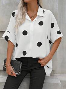 SHEIN LUNE Camisa de verano de manga corta con botones delanteros y estampado de lunares