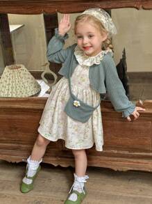 SHEIN LMoss Kids LMoss Young Girl Young Girl Young Girl 2pcs Set: Solid Color Knitted Cardigan With Puff Sleeves & Woven Ditsy Floral Dress With Crossbody Bag - Multicolor - View 3