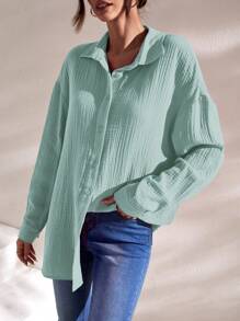 SHEIN Frenchy 落肩纯色长款衬衫 夏季上衣 度假服装 - 青碧色 - 查看 2