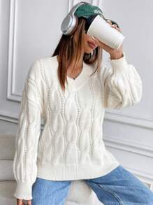 Lunelith SHEIN Lunessa Cálido suéter de manga larga tipo oversize con cuello en V y nudo tejido, para invierno