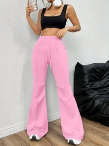 SHEIN EZwear Pantalones de chándal casuales de mujer de unicolor simple con bolsillo y nudo delantero - Rosa - Ver 5