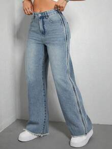 Women's Loose Straight Leg Fringe Design Denim Jeans