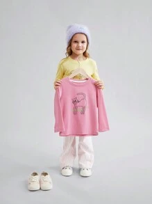 2 peças/Conjunto de Camisetas de Manga Longa de Malha com Estampa Fofa de Pato e Gato para Meninas Pequenas
