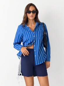 SHEIN Unity 1pc Women's Simple Blue Striped Pocket Open Front Shirt, Suitable For Office & Commuting, Autumn/Winter - Blue - View 4