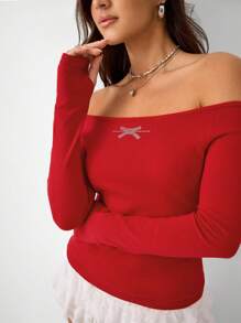 Flirla 1 pieza Jersey ajustado de manga larga con hombros descubiertos, decoración de mariposa de rhinestone para mujer, de moda para fiesta de Navidad, otoño/invierno, minimalista