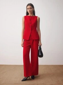 BizChic 女士无袖西装外套，适合城市通勤、商务、休闲装、优雅装扮，秋冬 - 紅色 - 查看 5