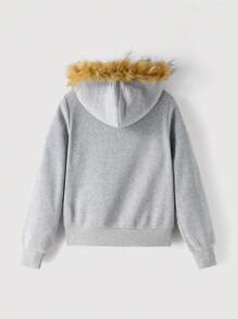 SHEIN MOD Áo hoodie in chữ cổ điển màu xám có cổ lông cho nữ, áo nỉ phong cách thường ngày cho mùa thu đông - Xám - Xem 2
