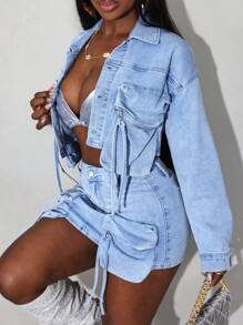 Slaydiva Áo khoác denim dài tay giản dị có túi nút phía trước màu trơn - Rửa nhẹ - Xem 1