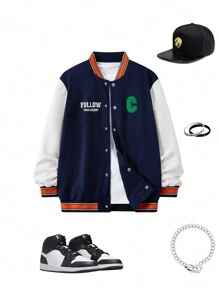 SHEIN Jaqueta de beisebol com estampa de letras em inglês e bloco de cores casual para meninos adolescentes, adequada para outono, inverno, quente, escola, casa, diário, esportes, versátil, simples - Multicolorido - Ver 3