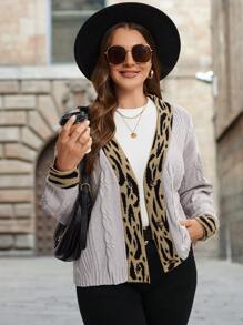 SHEIN LUNE 大码女式秋冬斑马条纹拼布长袖休闲宽松针织开衫