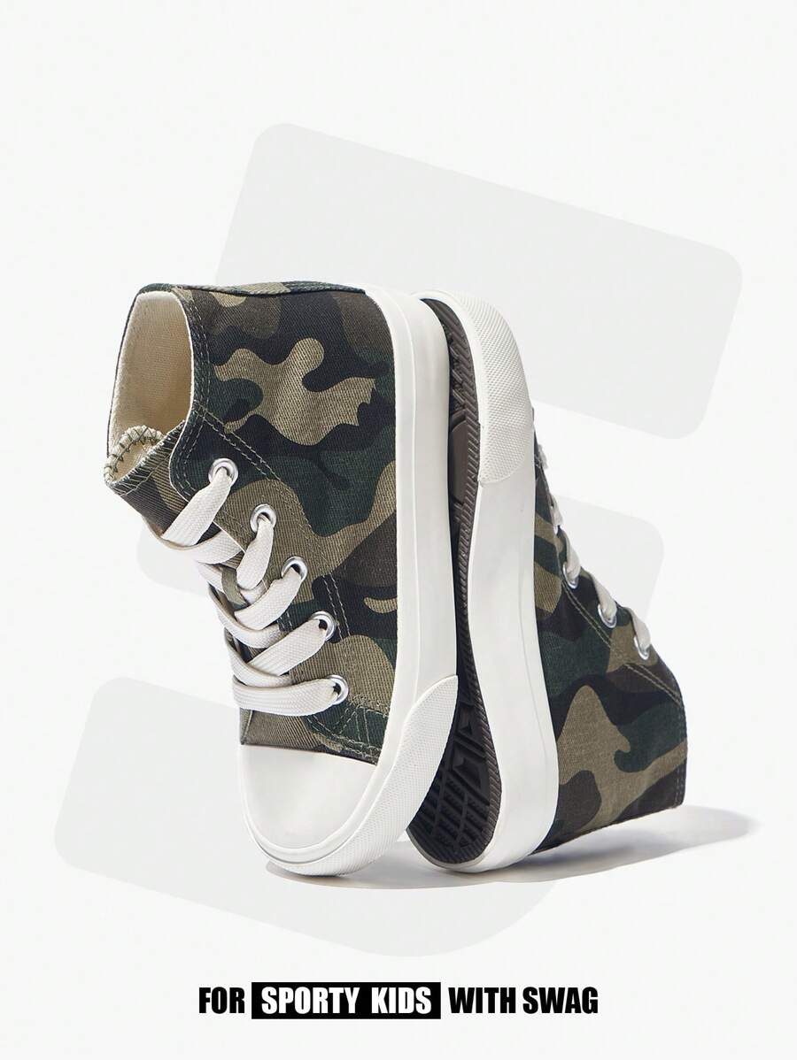 JNSQ Zapatos de lona con camuflaje de estilo casual y versátil de moda para niños, ideal para la temporada de regreso a clases - Verde militar - Ver 1