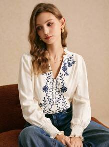 Poéselle White Linen Long-Sleeved Embroidered Shirt, Embroidered Shirt Women Embroidery Decorated Long Sleeve Blouse, Fall Women Clothes, Boho Style White Blouse, Featuring Intricate Embroidery, Luxurious Fabric, And Exceptional Breathability, This Garment Is Perfect For Everyday Wear, Commuting, Holidays, And Lounging At Home - White - View 3