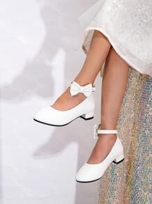 1 Pair Versatile White Bow Ankle Strap High Heels Princess Shoes For Girls - White - View 1