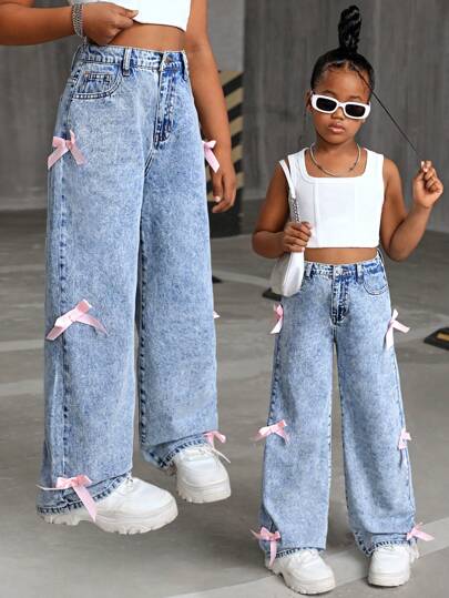SHEIN Tween Girls Y2K Fashion Stonewashed Baggy Denim Straight Leg Jeans Pants With Bowknot Decorated Pockets, Girls Fall Clothes Back To School Outfits