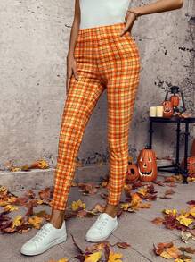 EMERY ROSE Halloween Pumpkin Plaid Pattern Women Long Pants - Orange - View 5