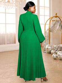 女士纯色钥匙孔领灯笼袖褶皱优雅连衣裙，适合派对、俱乐部、生日、宴会、晚宴、舞会、新年等场合。 - 綠色 - 查看 3