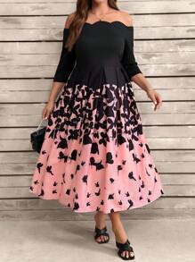 Plus Size Women Butterfly Print Arc Hem Off Shoulder 3/4 Sleeve Elegant Dress - Pink - View 6