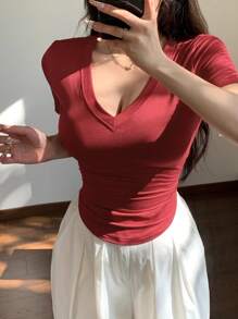 Camiseta de manga corta con cuello en V rojo sólido para mujer, para verano - Rojo - Ver 5