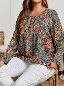 EMERY ROSE Blusa elegante de manga larga con cuello redondo, abotonada y con estampado completo, de moda, elegante para el otoño, talla grande - Multicolor - Ver 3