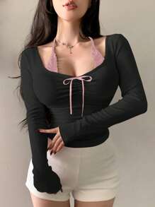 DAZY 女士系带收腰黑色长袖蝴蝶结T恤夏季外出上衣 - 黑色 - 查看 3
