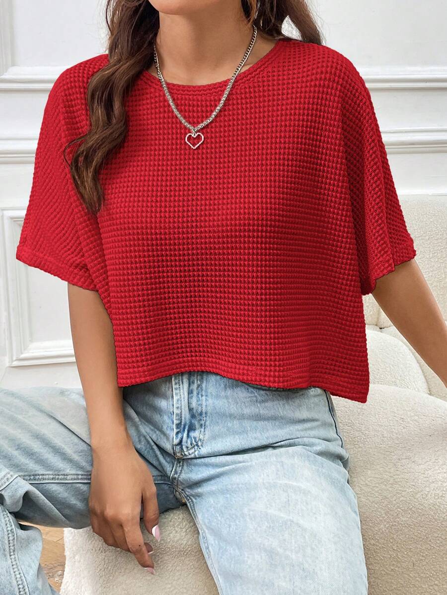 SHEIN EZwear 女款针织超大 T 恤 - 紅色 - 查看 1